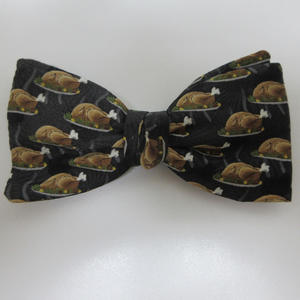 Vintage Thanksgiving Turkey Print Bow Tie Black Holiday Novelty Fall Harvest